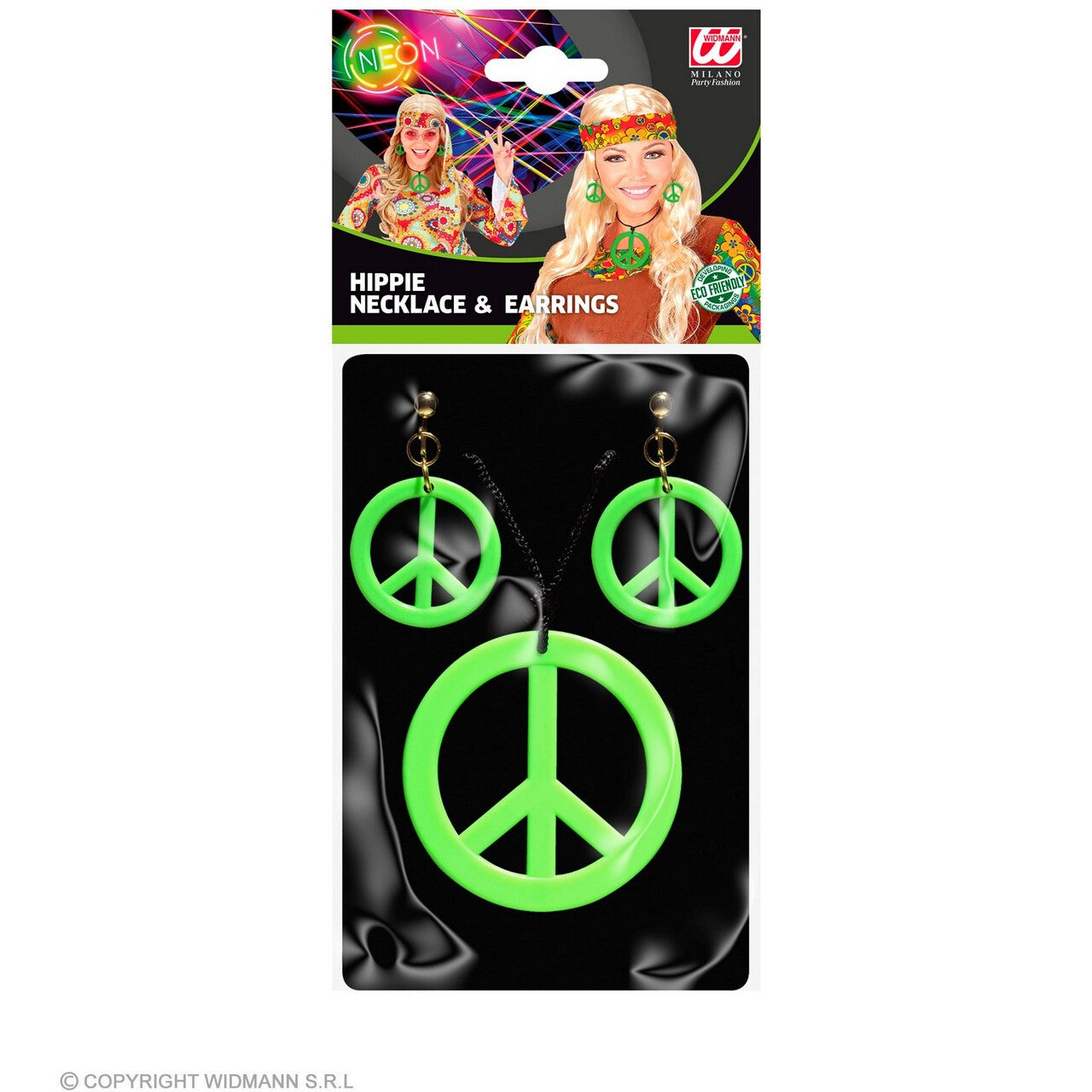Op deze afbeelding zie je een Accessoires, van het merk Widmann. Hippie Set Peace Ketting En Oorbellen Neon Groen