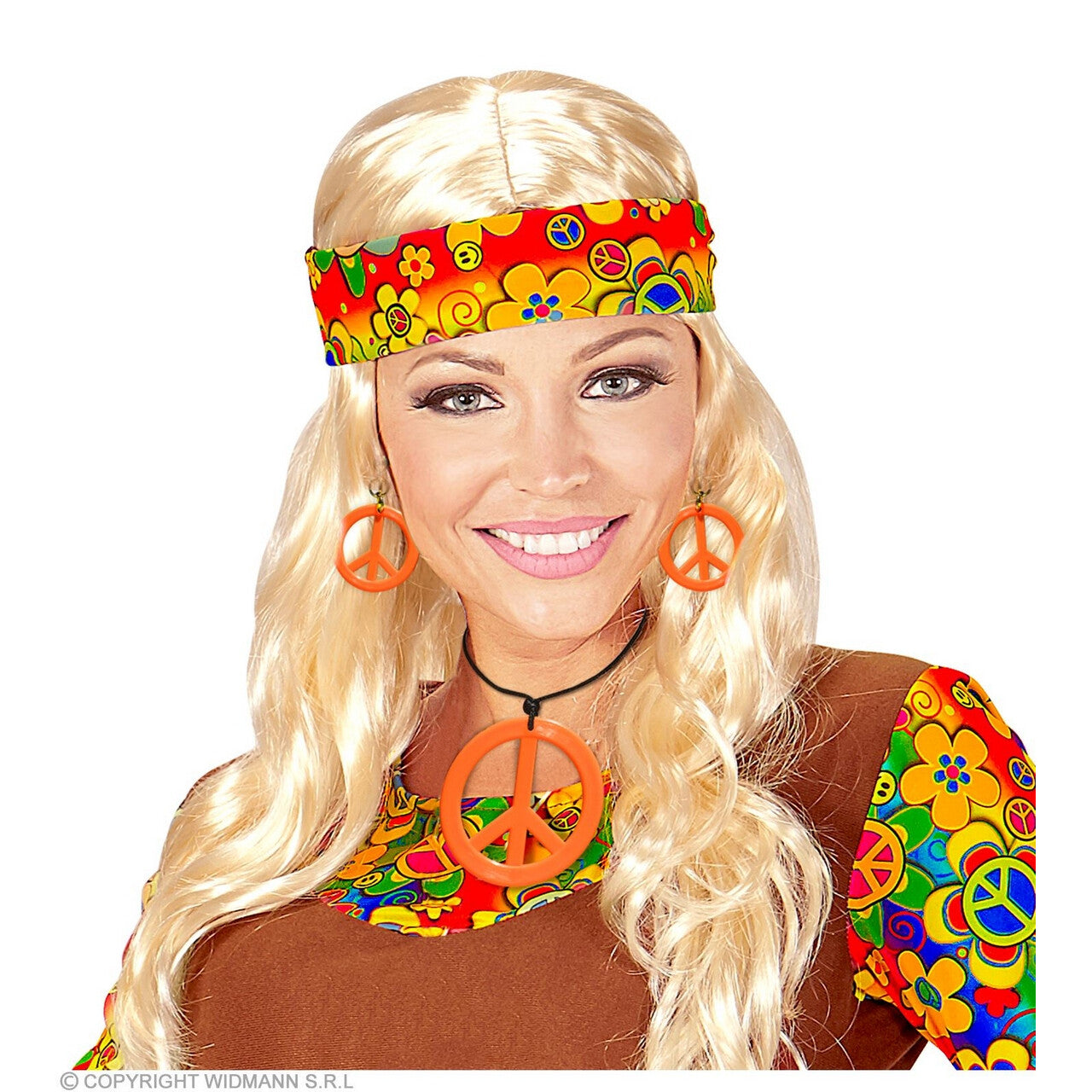 Op deze afbeelding zie je een Accessoires, van het merk Widmann. Hippie Set Peace Ketting En Oorbellen Neon Oranje