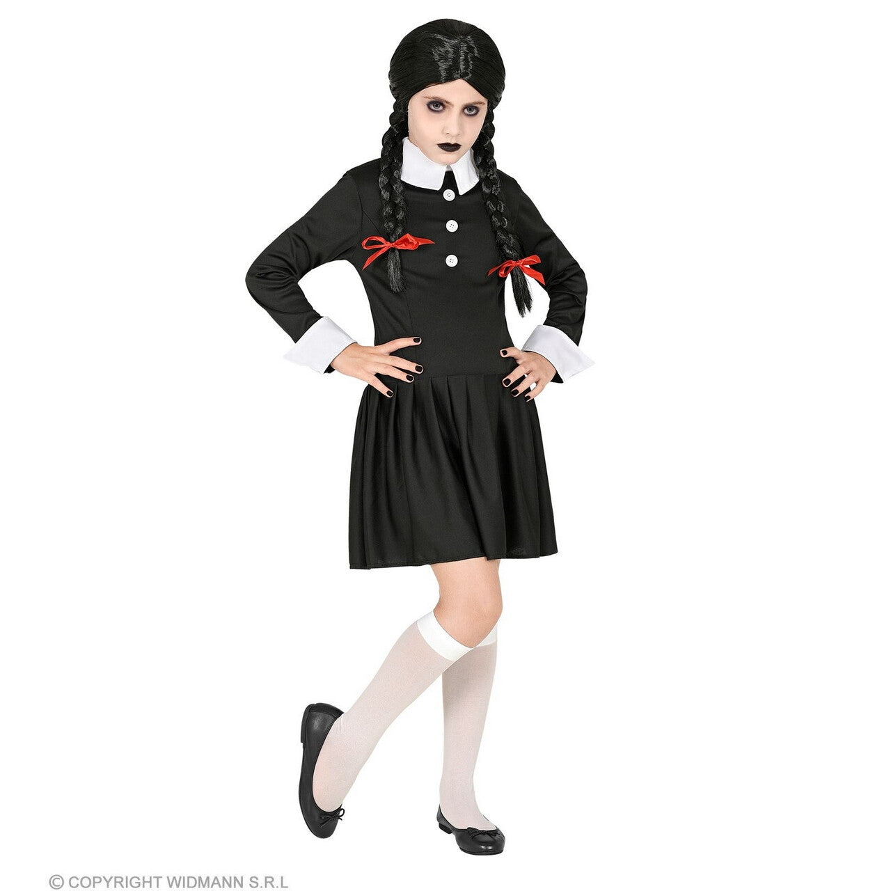 Op deze afbeelding zie je een Kostuums, van het merk Widmann. Duistere Wednesday Addams Meisje Kostuum