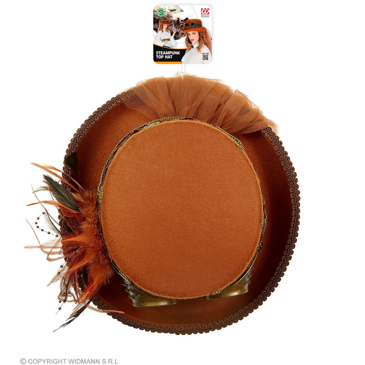 Op deze afbeelding zie je een Accessoires, van het merk Widmann. Hoge Hoed Steampunk Met Bril En Sluier Bruin