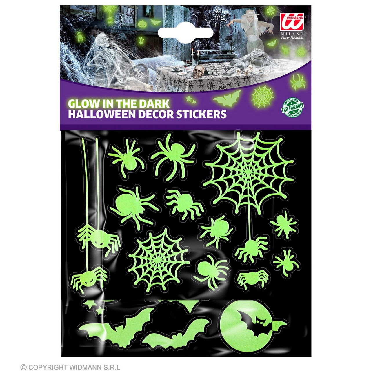 Op deze afbeelding zie je een Decoratie, van het merk Widmann. Glow In The Dark Halloween Spinnen En Vleermuizen Stickers