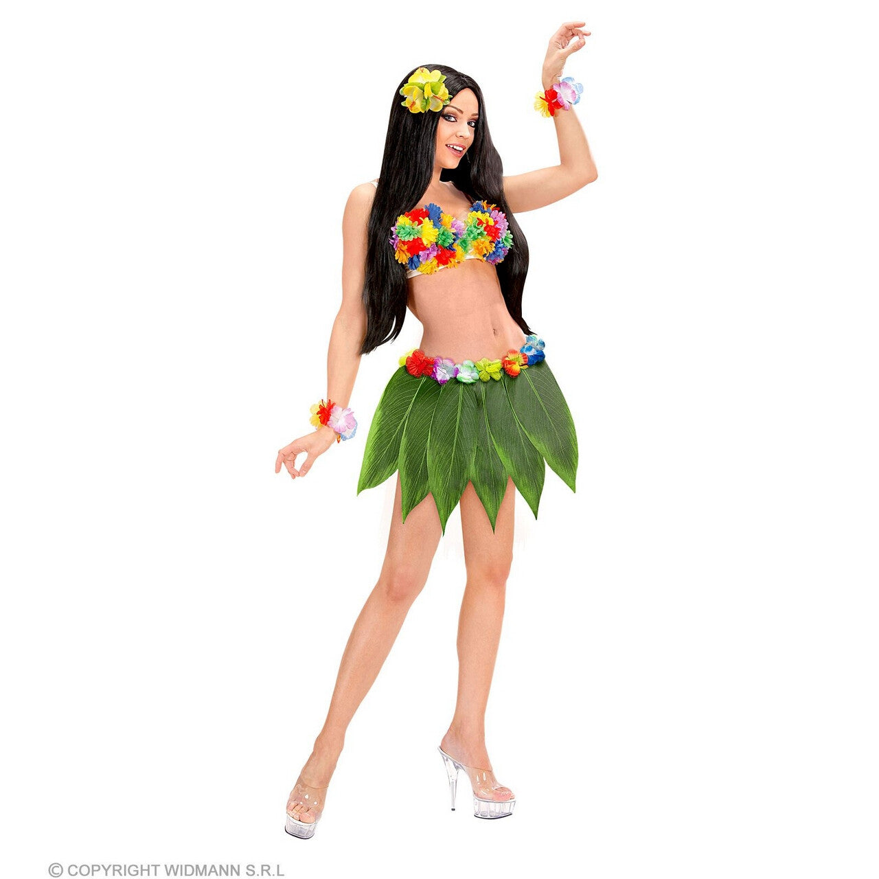 Op deze afbeelding zie je een Kostuums, van het merk Widmann. Hawaiiaanse Bananenbladrok Met Bloemenriem Vrouw