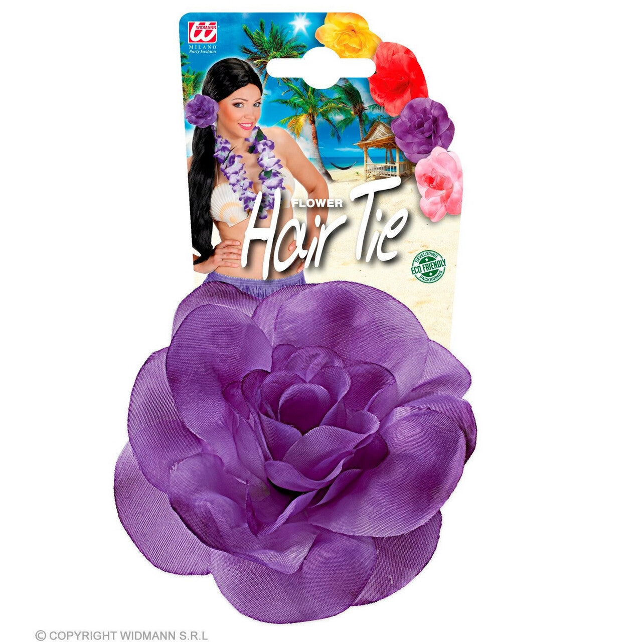 Op deze afbeelding zie je een Decoratie, van het merk Widmann. Hawaii Paarse Bloem Haarelastiek