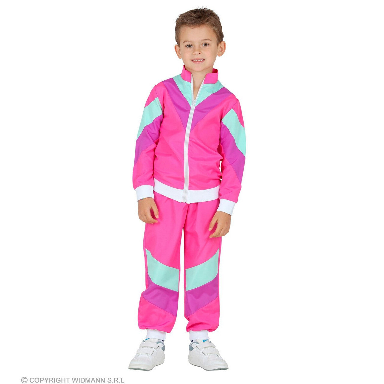 Op deze afbeelding zie je een Kostuums, van het merk Widmann. Jaren 80 Retro New Kids Trainingspak Roze Kind Kostuum