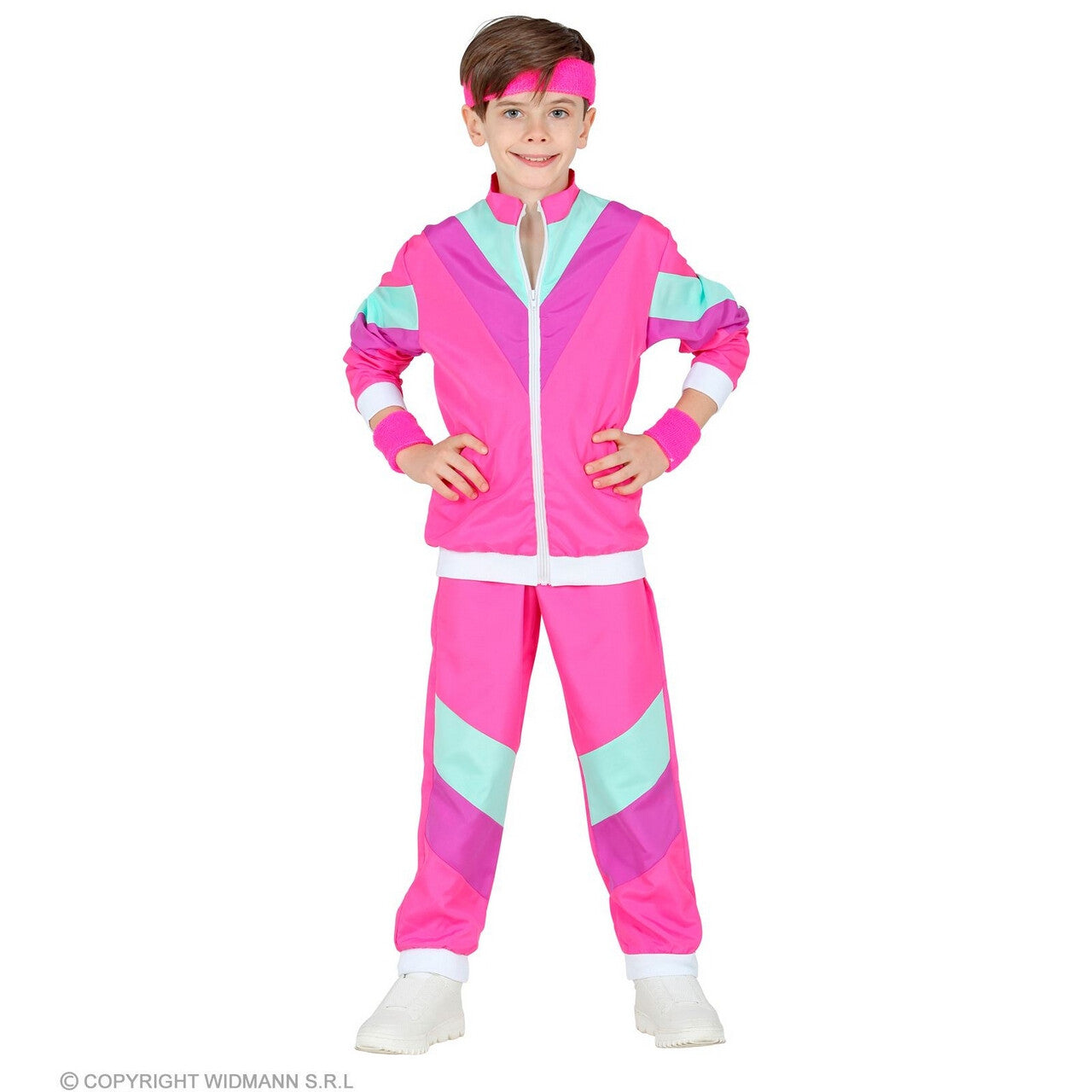 Op deze afbeelding zie je een Kostuums, van het merk Widmann. Jaren 80 Retro New Kids Trainingspak Roze Kind Kostuum