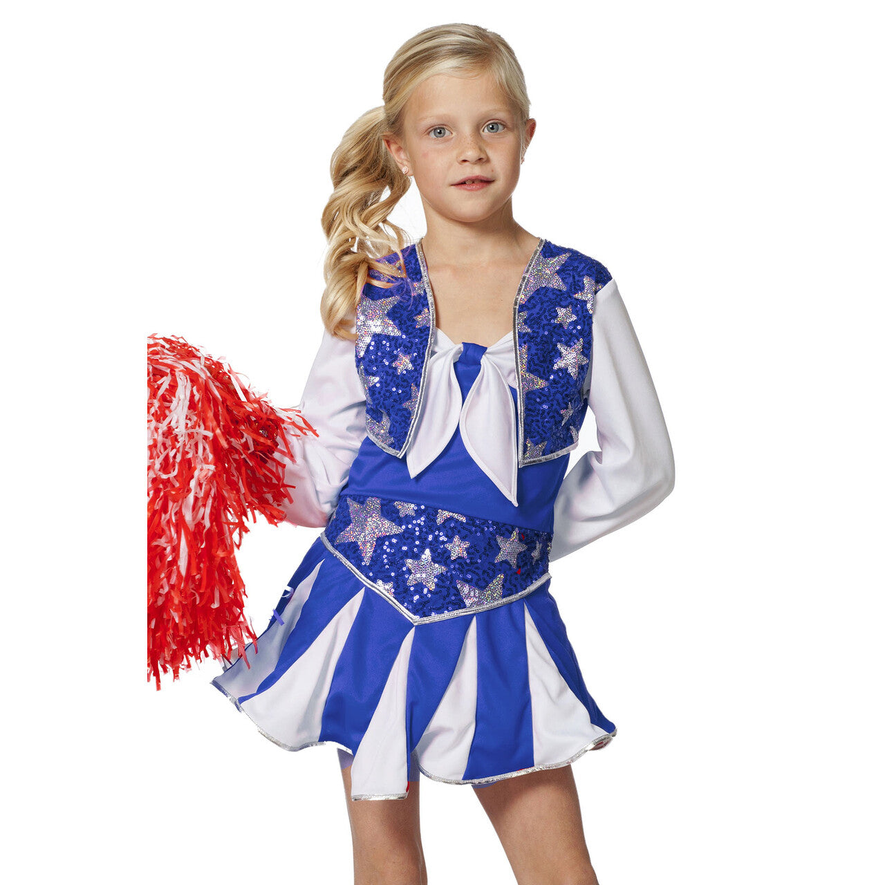 Op deze afbeelding zie je een Kostuums, van het merk Wilbers. Dansende Cheerleader Luxe Blauw Meisje Kostuum