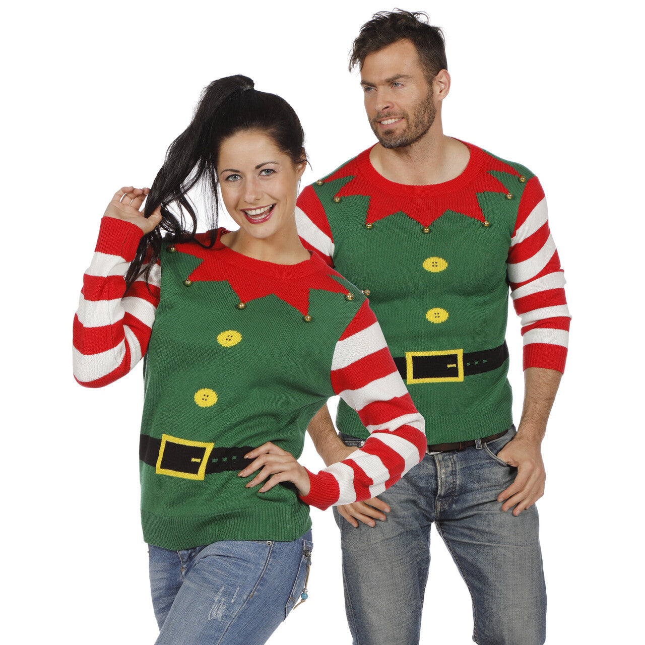 Op deze afbeelding zie je een Kostuums, van het merk Wilbers. Kersttrui Groen Kerstelf Met Leuke Belletjes