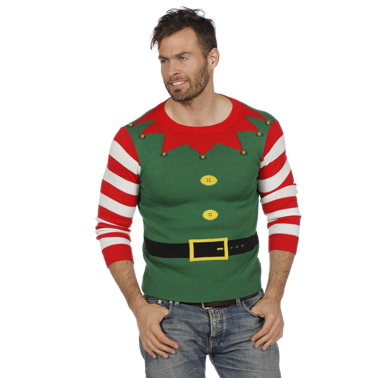 Op deze afbeelding zie je een Kostuums, van het merk Wilbers. Kersttrui Groen Kerstelf Met Leuke Belletjes