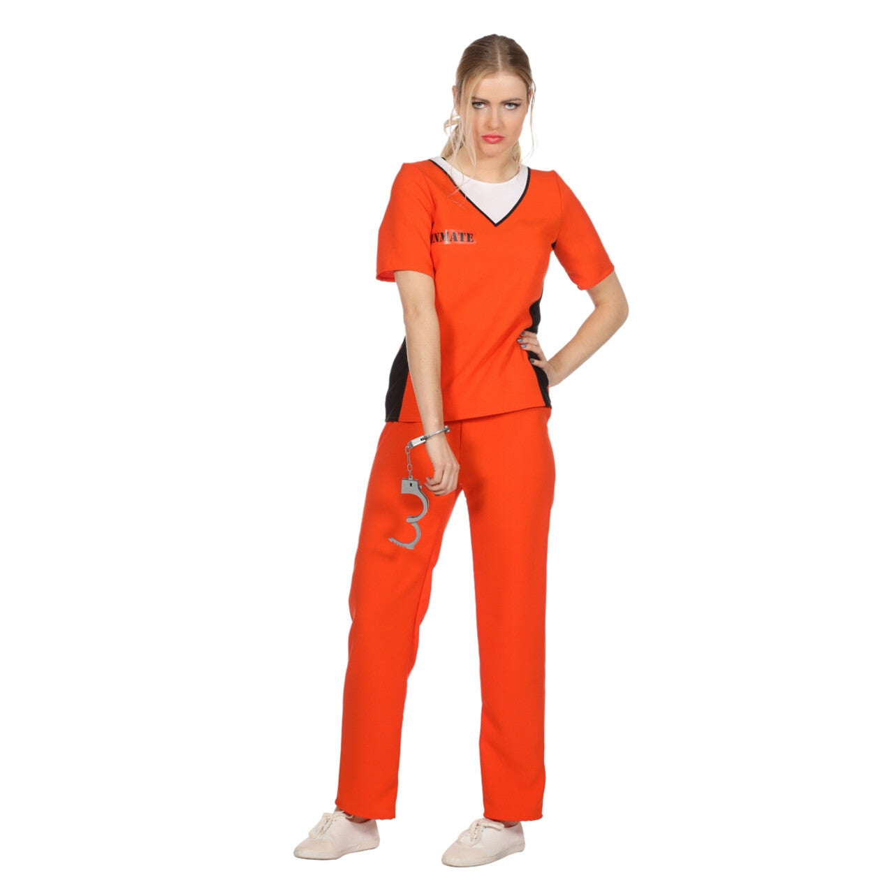 Op deze afbeelding zie je een Kostuums, van het merk Wilbers. Oranje Jailbird Guantanamo Vrouw Kostuum