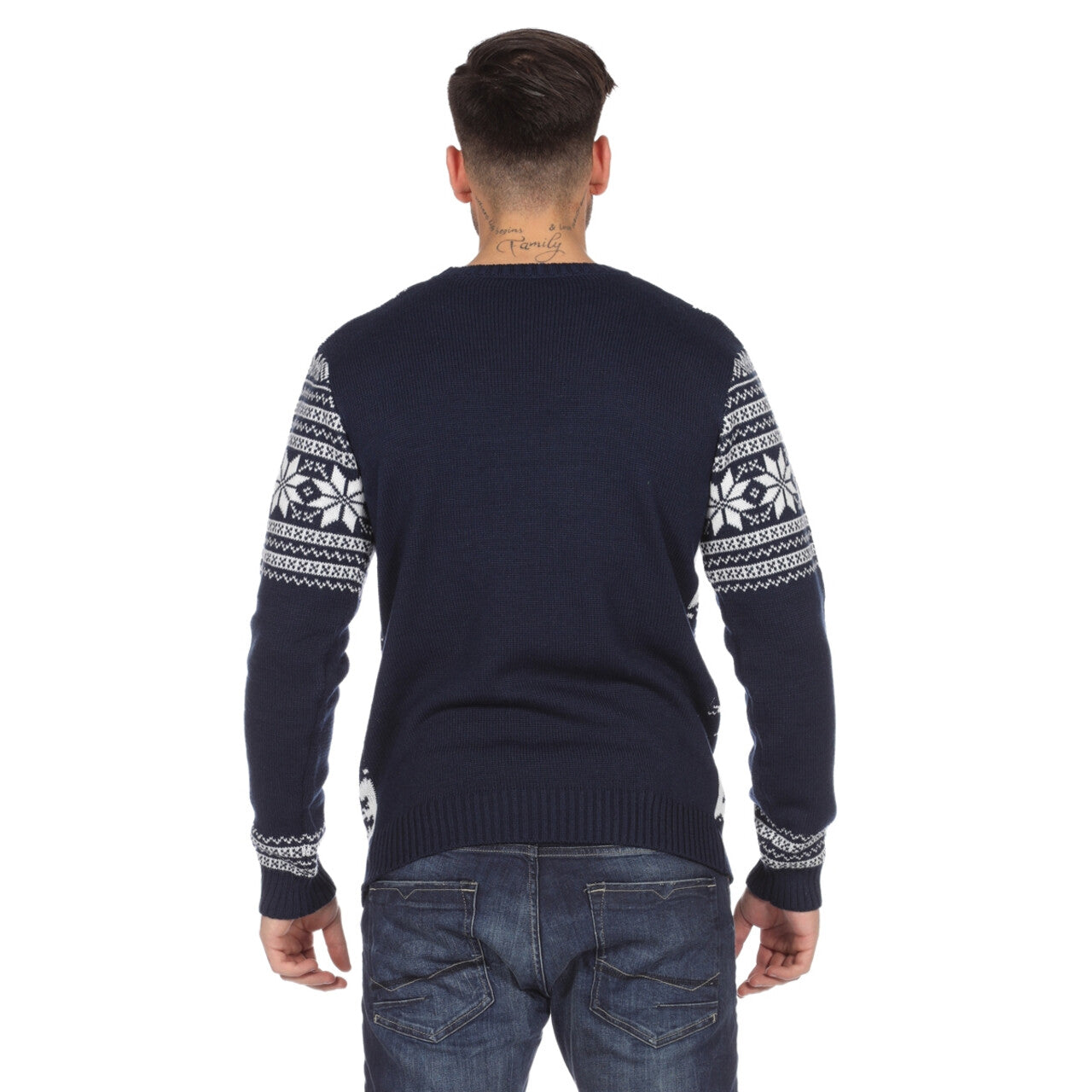 Op deze afbeelding zie je een Kostuums, van het merk Wilbers. Blauw Witte Kerst Trui Rendieren En Sneeuw Man