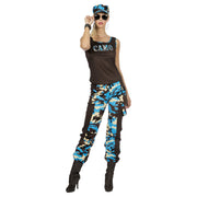 Op deze afbeelding zie je een Kostuums, van het merk Wilbers. Paramilitair Camo Carmen Blauw Vrouw Kostuum