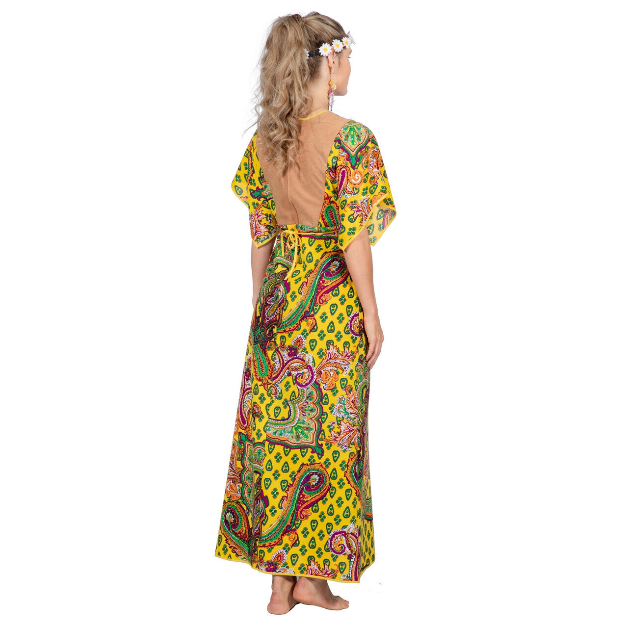Op deze afbeelding zie je een Kostuums, van het merk Wilbers. Woodstock Hippie Lang Paisley Vrouw Kostuum