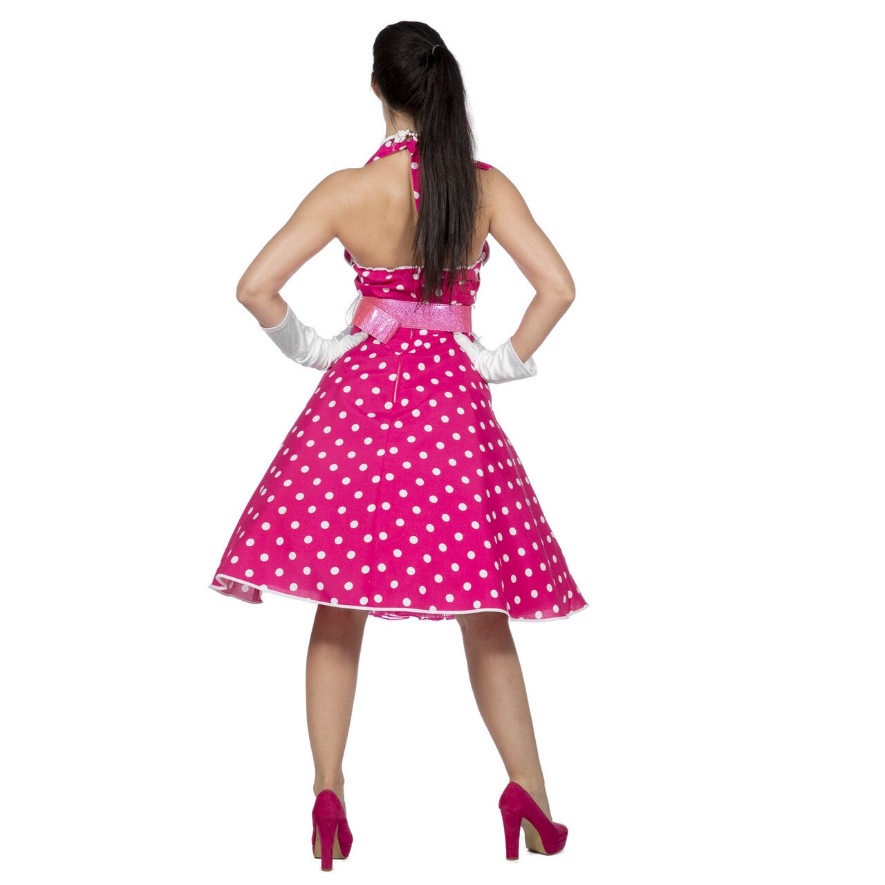 Op deze afbeelding zie je een Kostuums, van het merk Wilbers. Jaren 50 Roze Stippen Swingdress Met Riem Vrouw Kostuum