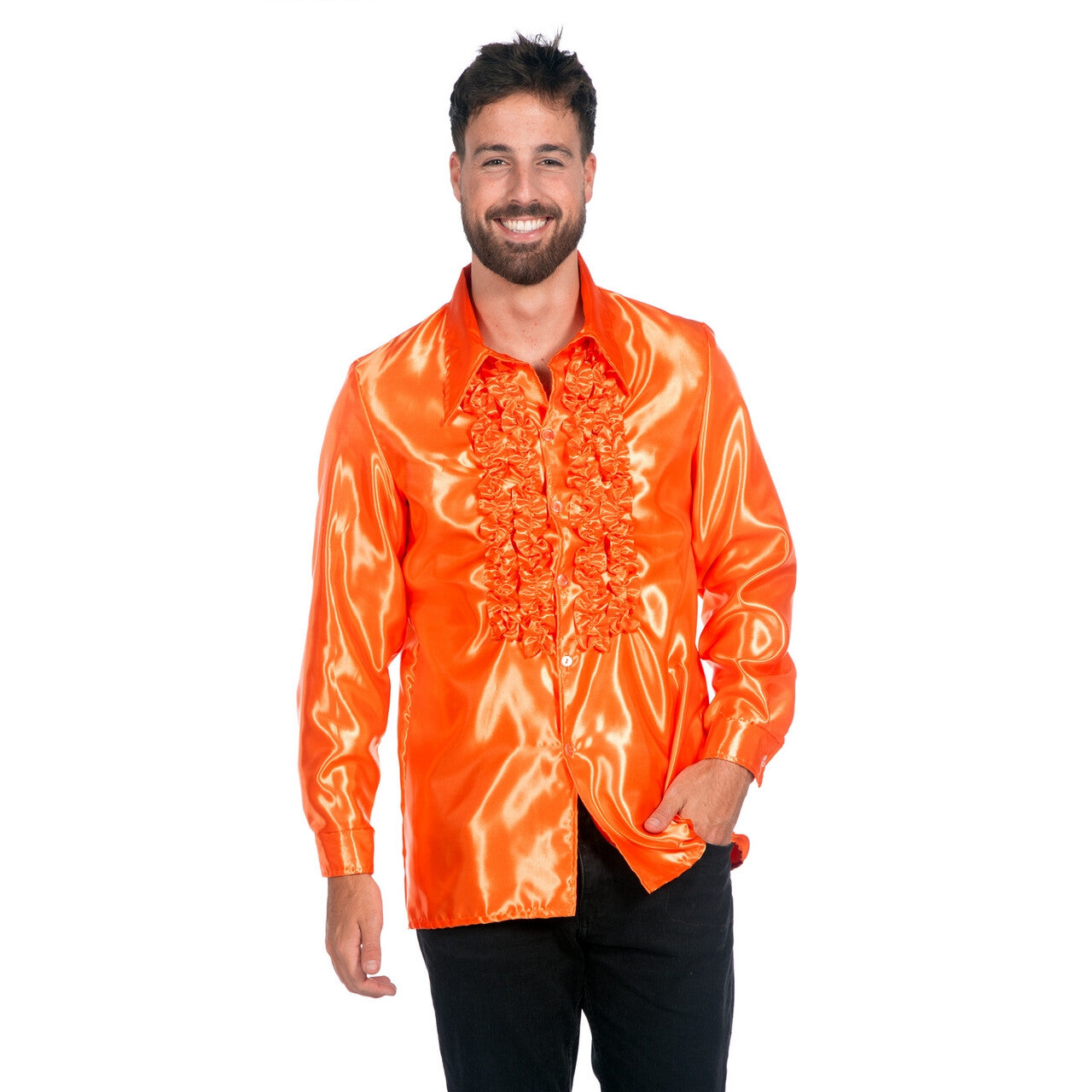 Op deze afbeelding zie je een Kostuums, van het merk Wilbers. Neon Oranje Ruchesblouse Satijn Foute Disco