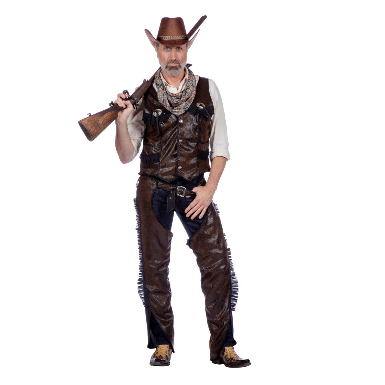 Op deze afbeelding zie je een Kostuums, van het merk Wilbers. Cowboy Chaps Wilde Mustang Man Kostuum