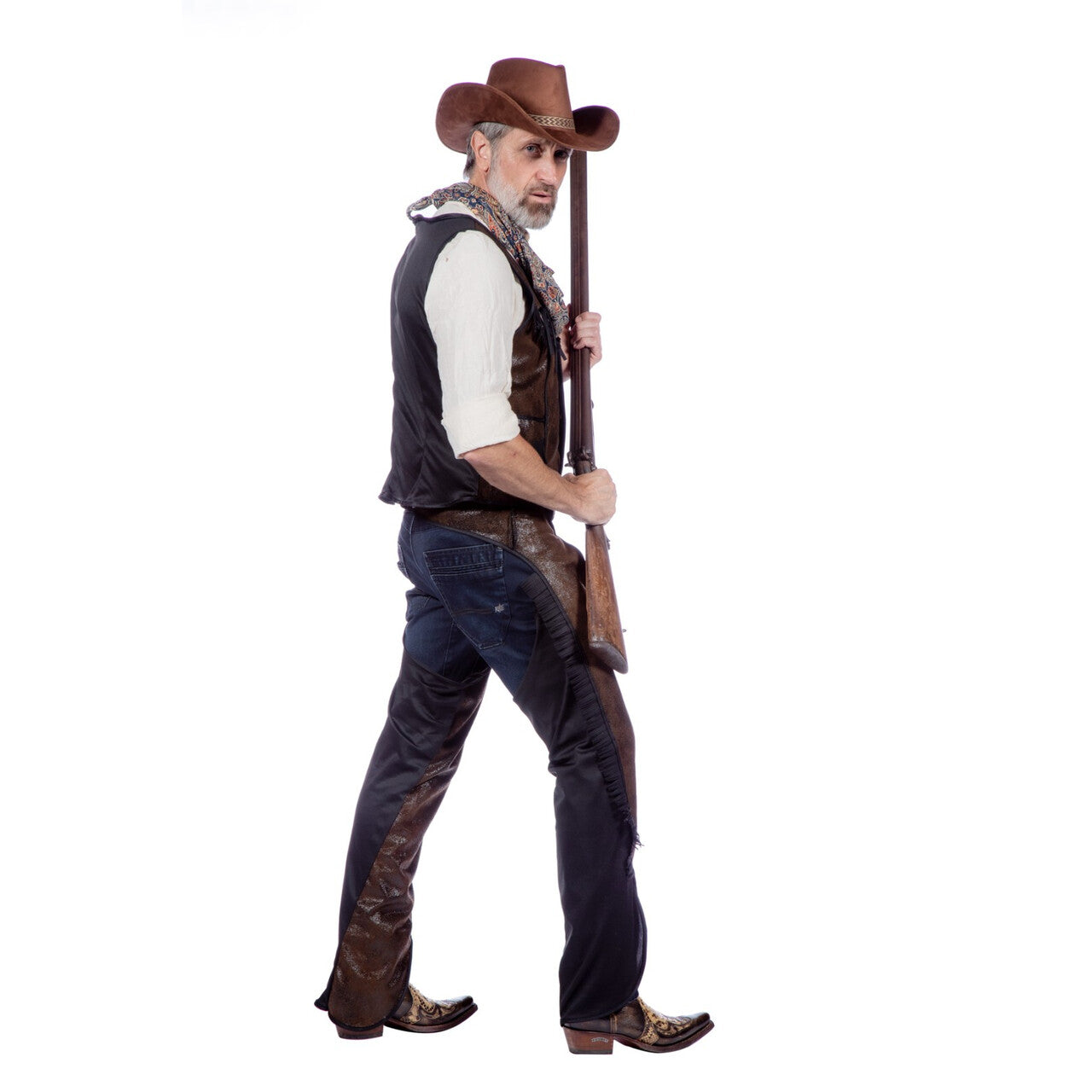 Op deze afbeelding zie je een Kostuums, van het merk Wilbers. Cowboy Chaps Wilde Mustang Man Kostuum