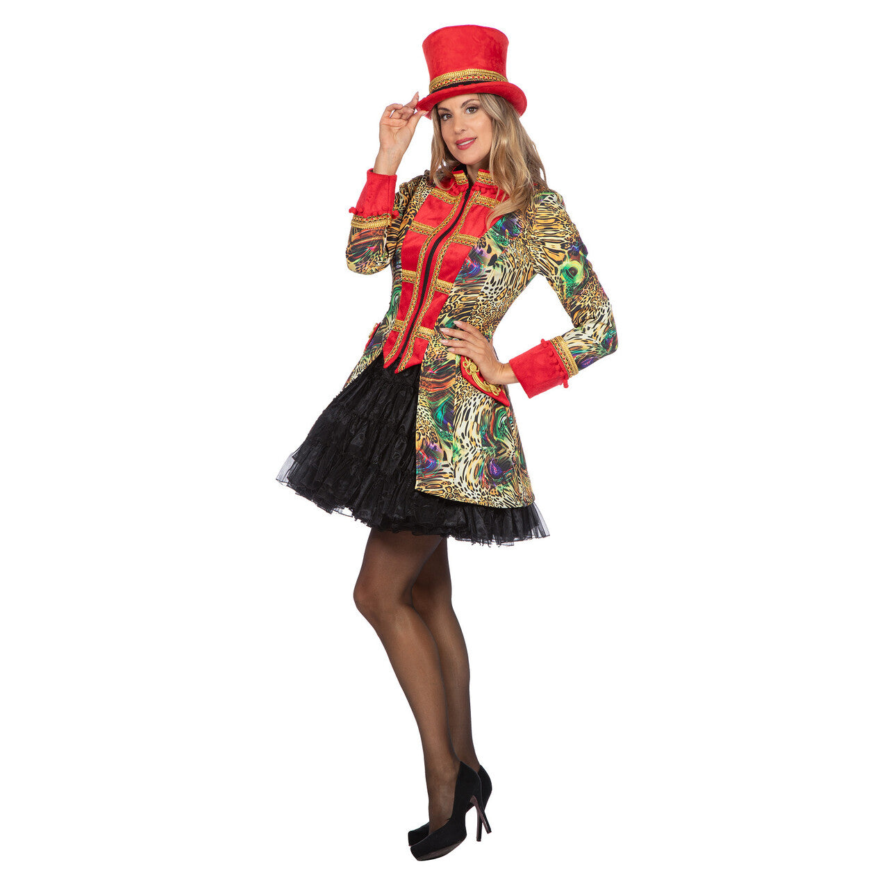 Op deze afbeelding zie je een Kostuums, van het merk Wilbers. Luxe Panterwilde Jas Rood Vrouw