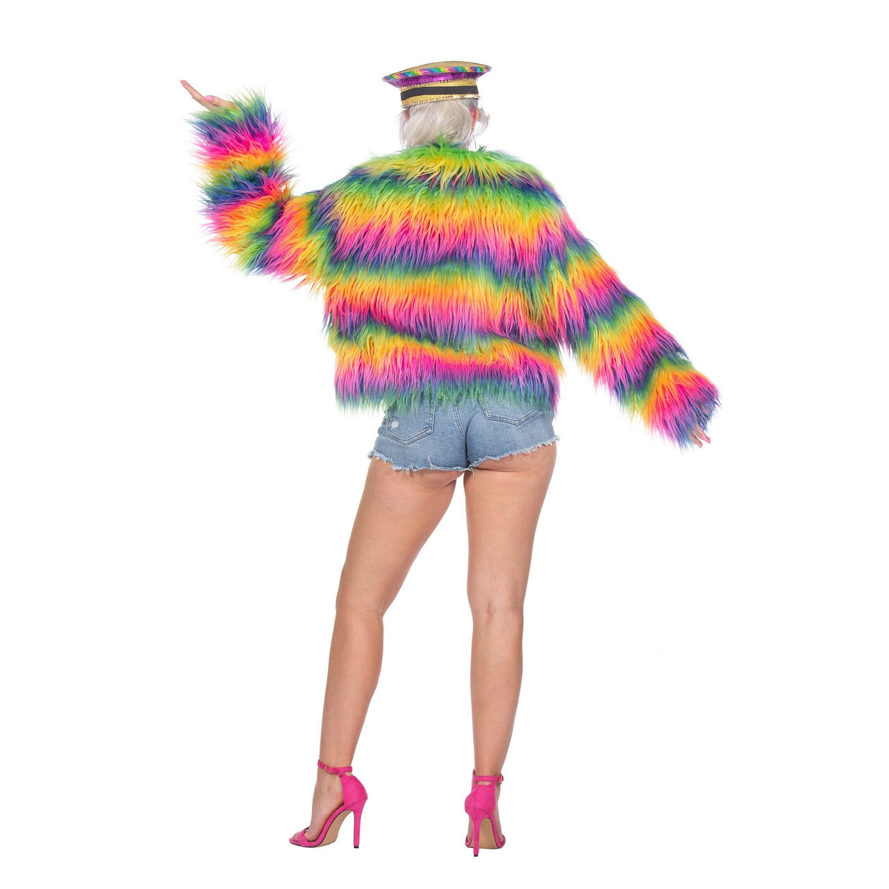 Op deze afbeelding zie je een Kostuums, van het merk Wilbers. Regenboog Trots Nepbontjas Vrouw