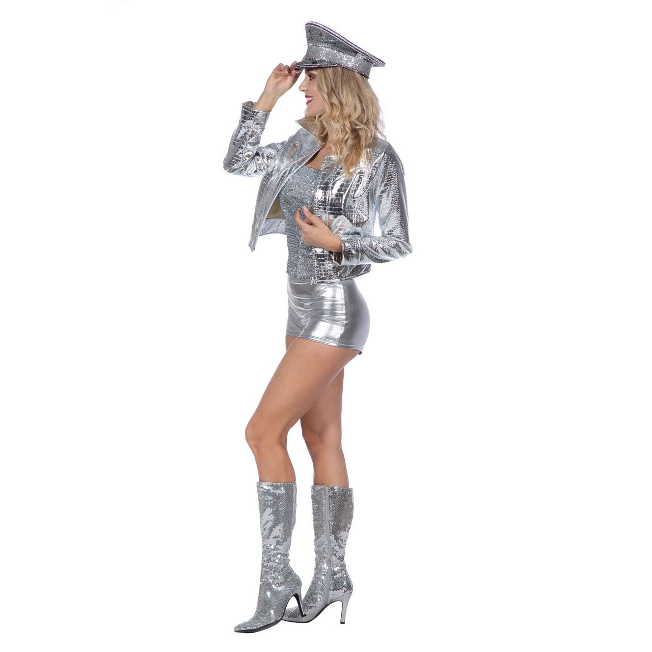 Op deze afbeelding zie je een Kostuums, van het merk Wilbers. Festival Croco Metallic Silver Jas Vrouw