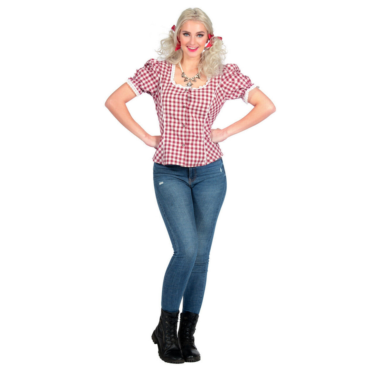 Op deze afbeelding zie je een Kostuums, van het merk Wilbers. Rood Wit Geblokte Verleidelijke Tiroler Blouse Vrouw