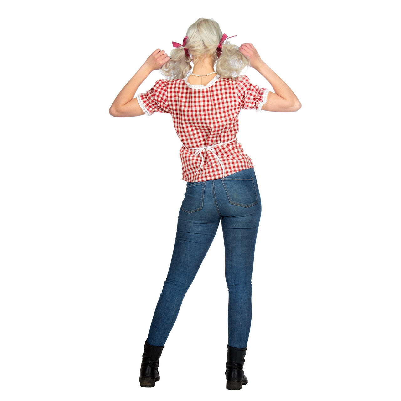 Op deze afbeelding zie je een Kostuums, van het merk Wilbers. Rood Wit Geblokte Verleidelijke Tiroler Blouse Vrouw