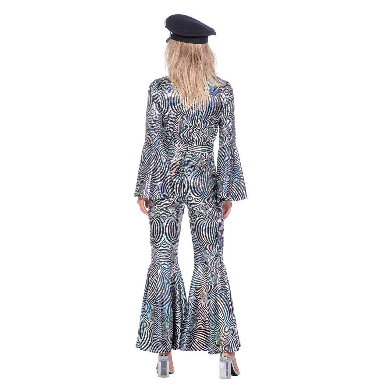 Op deze afbeelding zie je een Kostuums, van het merk Wilbers. 70s Zilveren Dolle Disco Catsuit Vrouw Kostuum