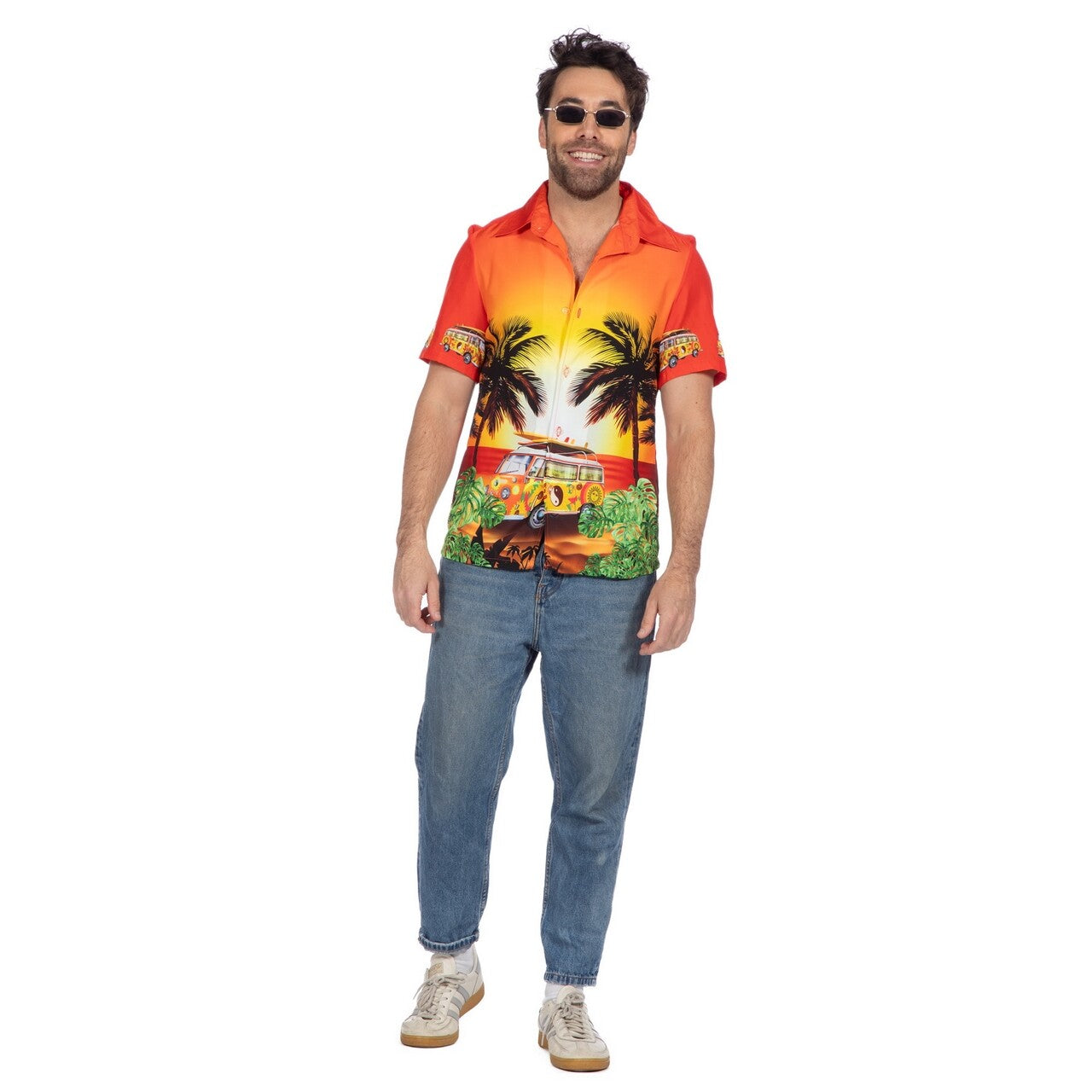 Op deze afbeelding zie je een Kostuums, van het merk Wilbers. Hawaiishirt Sunset Hippie Busje Oranje Man