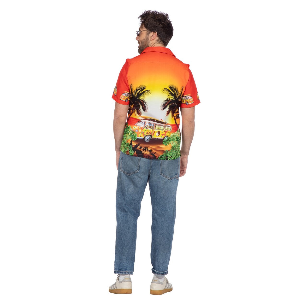 Op deze afbeelding zie je een Kostuums, van het merk Wilbers. Hawaiishirt Sunset Hippie Busje Oranje Man
