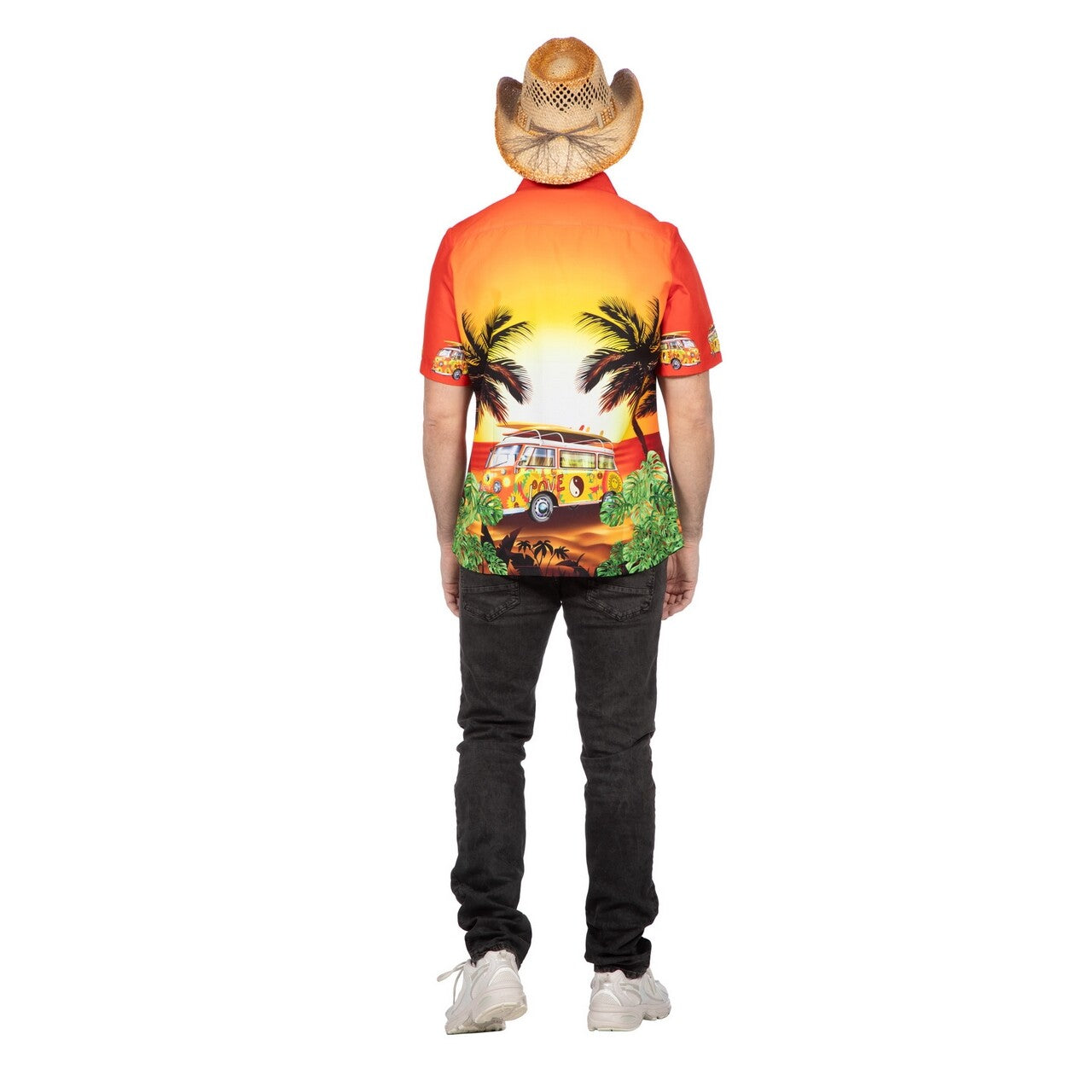 Op deze afbeelding zie je een Kostuums, van het merk Wilbers. Hawaiishirt Sunset Hippie Busje Oranje Man