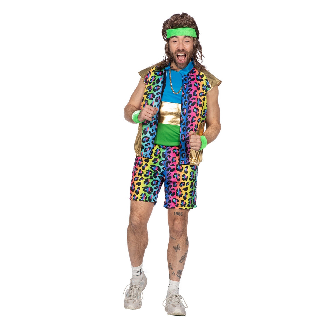 Op deze afbeelding zie je een Kostuums, van het merk Wilbers. Vrolijke Regenboog Luipaardprint Ferry Fout Man Kostuum