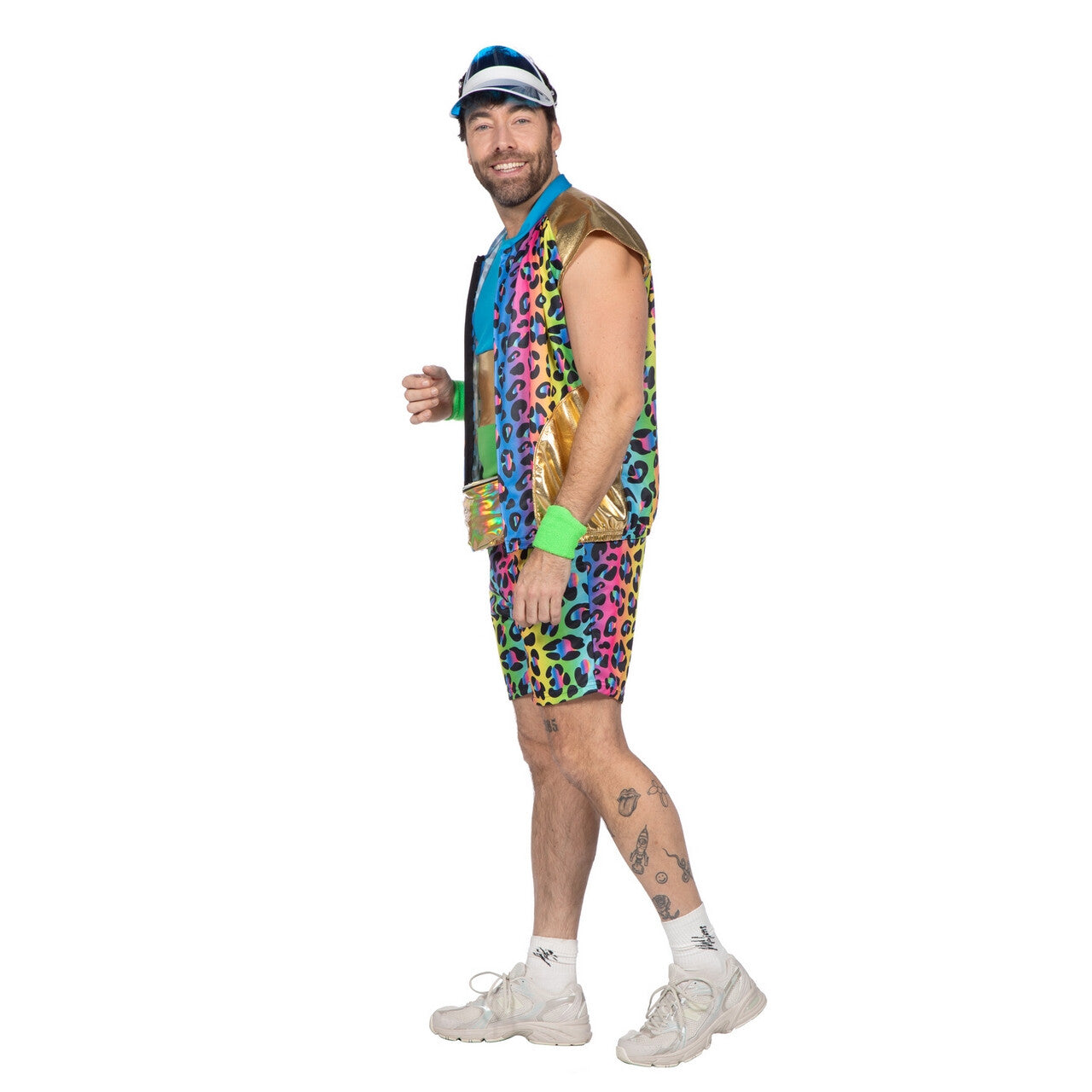 Op deze afbeelding zie je een Kostuums, van het merk Wilbers. Vrolijke Regenboog Luipaardprint Ferry Fout Man Kostuum