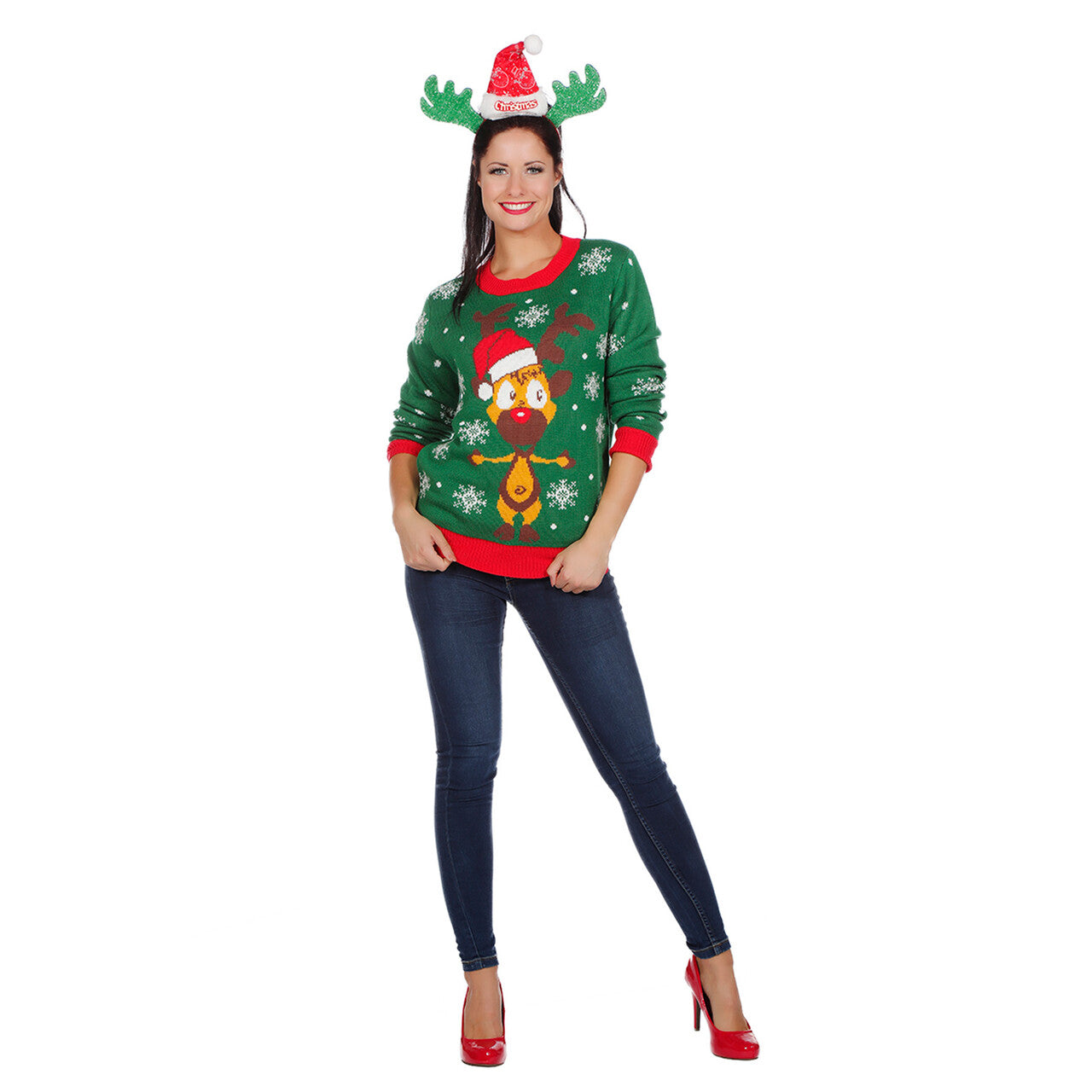 Op deze afbeelding zie je een Kostuums, van het merk Wilbers. Kersttrui Groen Met Rendier Volwassen